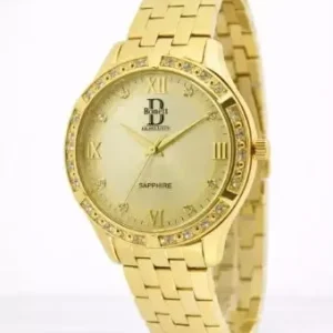 Klokke Bonett Eksklusiv fg.stål gullfarget skive m/stener rundt bezel + tall, safirglass