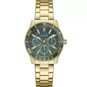 Klokke Guess fg.stål m/mørk turkis bezel + glitter i skiven