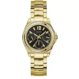 Klokke Guess fg.stål sort skive, 2 rader stener rundt bezel
