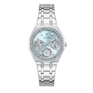 Klokke Guess stål lys blå skive m/lys blå Swarovski krystaller i kassen + på lenken