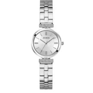 Klokke Guess stål lys skive m/stener som tall + i feste til lenken